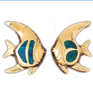 14k Yellow Gold 3-D Created Opal Fish Earrings